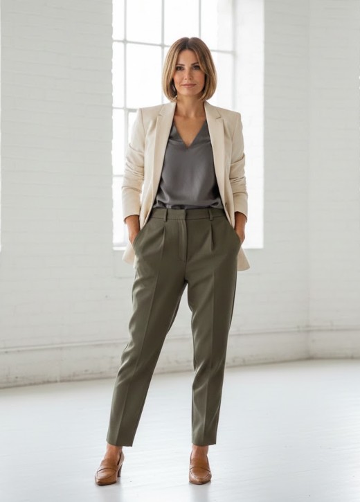 Well-tailored casual outfit on woman over 50 highlighting clean, balanced line