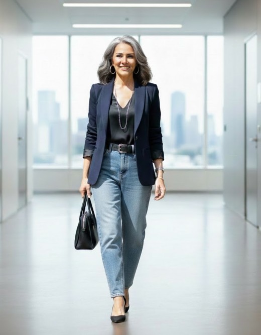 Side-by-side view of outfit tricks that make a woman over 50 appear slimmer.